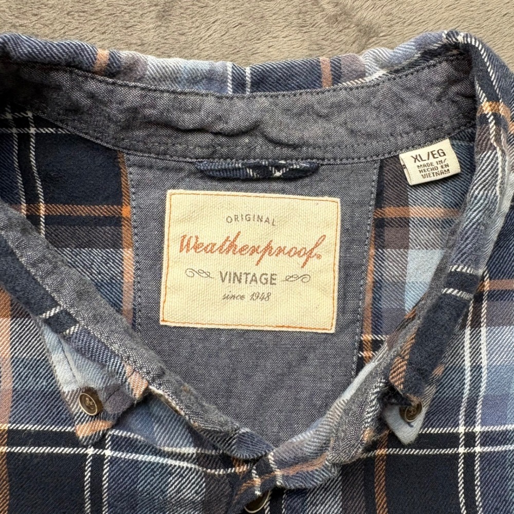 Weatherproof Vintage Shirt Mens XL Blue Brown Plaid 100% Cotton Button Down - Picture 3 of 8